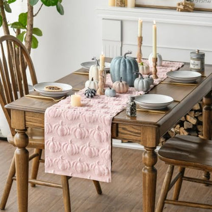 Artoid Mode Pink Soft Faux Fur Pumpkins Fall Table Runner 13x72 Inch - color: Pink, size: 13" x 72", Table Runner