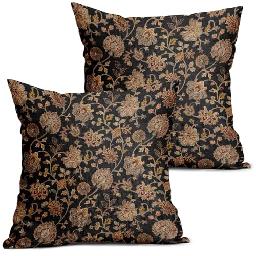 Black Brown Floral Pillow Covers 20X20 Inch Set of 2 Vintage Boho Carpet Flowers Decorative Pillow Cases Leaves Plant Cotton Linen Cushion Case Farmhouse Home Decor for Sofa Couch Living Room - color: Brown Floral, size: 20" x 20" (Pack of 2)