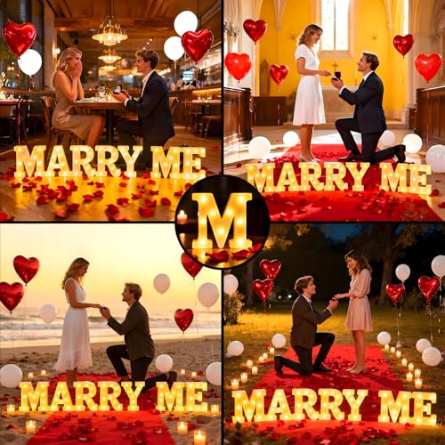 Marry Me Light Up Letters, with 30 Tea Lights Candles, Rose Petals, Aluminum Balloons, Balloons, Red Carpet, Rose Ring Box, Double Sided Tape, Valentine's Day Proposal Engagement Wedding Decorations - color: MARRY ME - Large