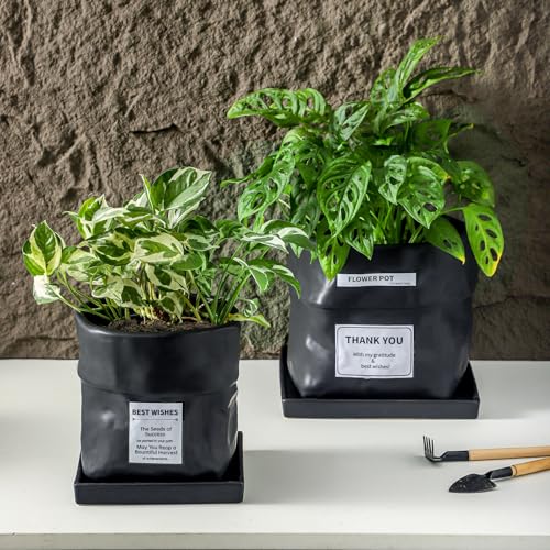 Nihow 6 Inch Ceramic Plant Pot with Drainage & Square Saucer,Black - color: Black, size: 6 Inch