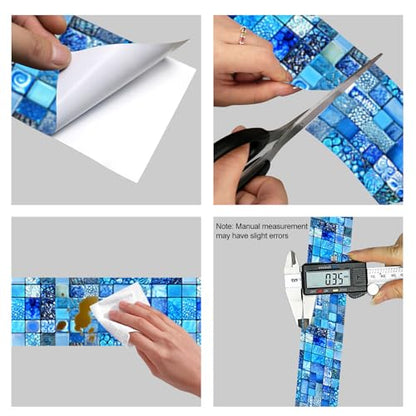 HOMETITUTE Peel and Stick Wallpaper Border 4x196in Blue Mosaic Pattern - color: blue texture#1