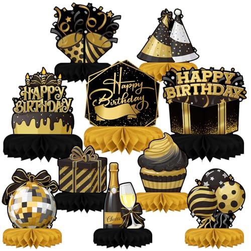 Happy Birthday Decorations Set - Black and Gold Birthday Themed Honeycomb Centerpiece, Table Decoration for Women Men Black and Gold Party Decorations - style: Black Birthday
