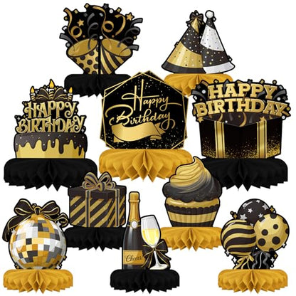 Happy Birthday Decorations Set - Black and Gold Birthday Themed Honeycomb Centerpiece, Table Decoration for Women Men Black and Gold Party Decorations - style: Black Birthday