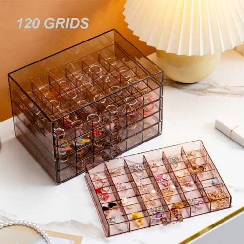 YUFONG Earring Storage Box Organizer 5 Drawers with 120 Small Compartments - color: Clear Purple Brown