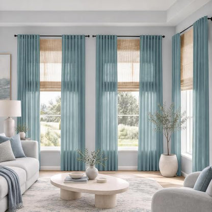 Mist Blue Sheer Linen Curtains for Kitchen Bedroom 45 Inches Long - color: Mist Blue, size: 35"W x 45"L (Pack of 2)