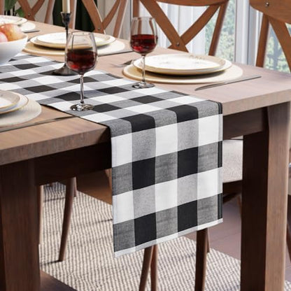Encasa XO Halloween Table Runner, Woven Cotton Dining Linens 13"x72" Black - color: Buffalo Black Checks, size: 13x72 in