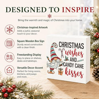 Christmas Wishes and Candy Cane Kisses Sign, Gnome Wood Box Shelf Decor - color: Style 21