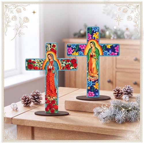 Yuntau 2 Pcs Floral Cross Table Decor Wooden Our Lady of Guadalupe Tabletop - style: Floral Cross
