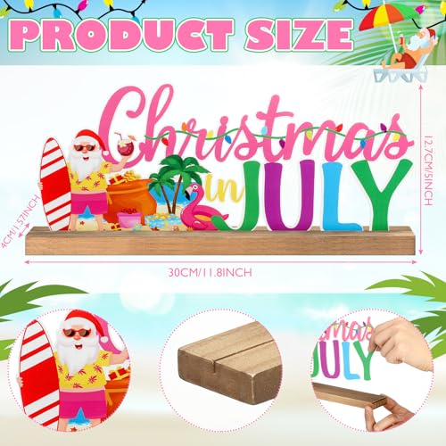 MiniInflat Christmas in July Metal Sign Rustic Table Decor Holiday Tiered Tray Decor with Wooden Base Freestanding Metal Word Sign for Home Tabletop Centerpiece Mantel Shelf Fireplace - style: Christmas in July