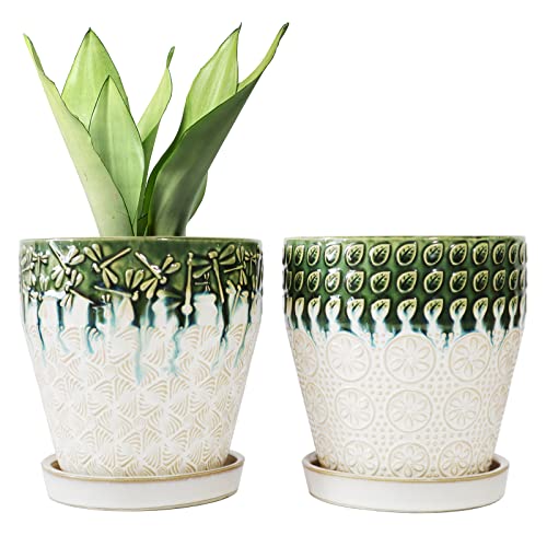 6 Inch Ceramic Planter Pots with Drainage Holes, Saucers and Mesh Pads for Indoor-Outdoor Plants, Succulent Orchid Flower Large Round Plant Pot, Set of 2 (Green+White) - size: set of 2-6inch