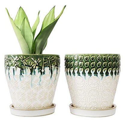 6 Inch Ceramic Planter Pots with Drainage Holes, Saucers and Mesh Pads for Indoor-Outdoor Plants, Succulent Orchid Flower Large Round Plant Pot, Set of 2 (Green+White) - size: set of 2-6inch