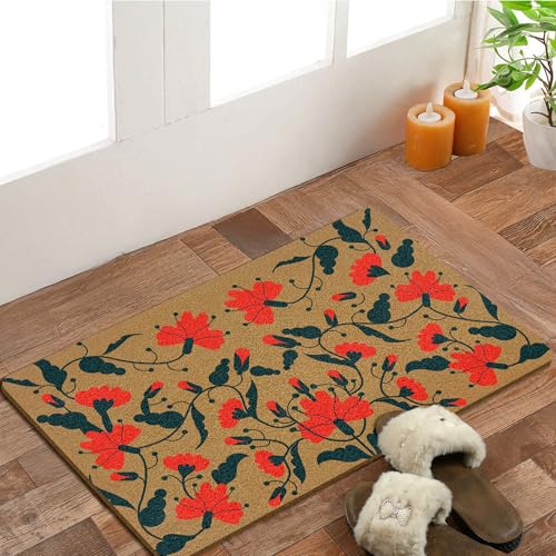 Vintage Traditional Floral Coir Door Mats Outdoor, Folk Art Flower Front Door Mat Outside Entrance, Symmetrical Floral Doormat Outdoor Indoor Entrance for Kitchen Living Room Decor, 17x30in