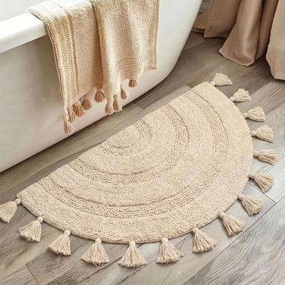 KOEXM Half Circle Boho Bathroom Rugs with Tassels 100% Cotton - color: Beige, size: 1'10" x 3'1" (Semicircular)