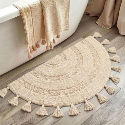 KOEXM Half Circle Boho Bathroom Rugs with Tassels 100% Cotton - color: Beige, size: 1'10" x 3'1" (Semicircular)