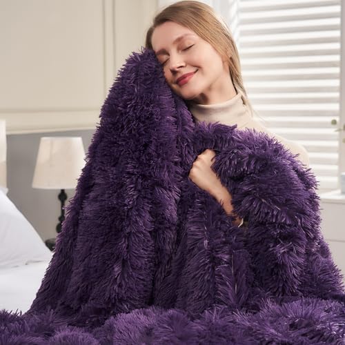 GONAAP Fuzzy Faux Fur Queen Blanket for Couch, Purple, 90"x90" - color: Purple, size: Queen(90"x90")