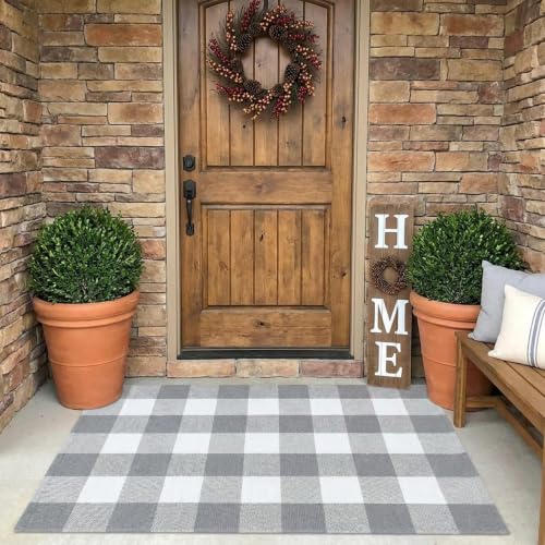 MUBIN Cotton Buffalo Plaid Rug, 27.5x43 Gray White Outdoor Rug Front Door Decorative Mat, Washable Doormat Hand-Woven Foldable Area Rug Layered Door Mats Rug for Front Porch, Entryway, Patio - color: Gray White Plaid, size: 2'3" x 3'7" (Rectangular)