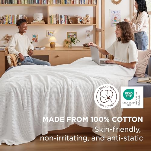 Bedsure 100% Cotton Twin XL Blanket, Waffle Weave, White, 66"x90" - color: 01 White, size: Twin XL (66" X 90")