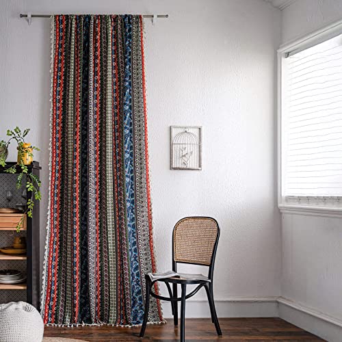 VOGOL Boho Tassel Window Curtains, 1 Panel Geometric Striped Bohemian Style Country Curtain, Cotton Linen Drapes for Bedroom Living Room, 59 x 63 Inches - color: C4, size: 59"W x 63"L (Pack of 1)
