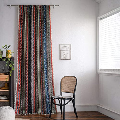 VOGOL Boho Tassel Window Curtains, 1 Panel Geometric Striped Bohemian Style Country Curtain, Cotton Linen Drapes for Bedroom Living Room, 59 x 63 Inches - color: C4, size: 59"W x 63"L (Pack of 1)