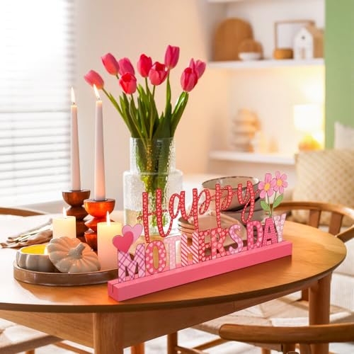 Yaocom 13.78 Inch Metal Happy Mothers Day Sign Mother's Day Table Decorations Holiday Tiered Tray Letter Sign Mom Table Centerpiece with Wooden Base for Home Shelf Mantel Office Kitchen Party Decor - style: Mothers Day