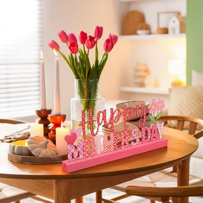 Yaocom 13.78 Inch Metal Happy Mothers Day Sign Mother's Day Table Decorations Holiday Tiered Tray Letter Sign Mom Table Centerpiece with Wooden Base for Home Shelf Mantel Office Kitchen Party Decor - style: Mothers Day