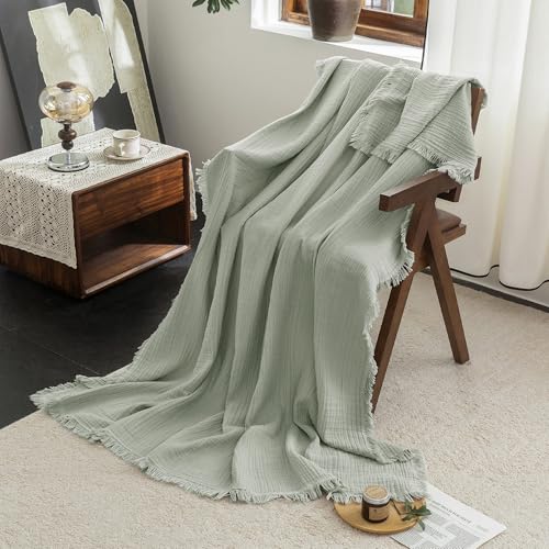 FOSSA Muslin Blanket 4-Layer 100% Cotton Gauze Blanket with Fringe 104"x90" - color: Sage Green, size: King (104" × 90")