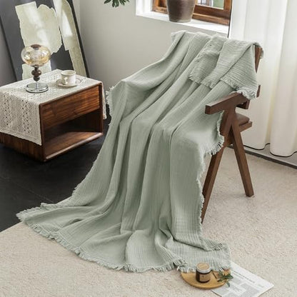FOSSA Muslin Blanket 4-Layer 100% Cotton Gauze Blanket with Fringe 104"x90" - color: Sage Green, size: King (104" × 90")