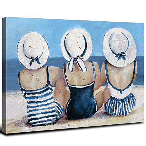 Coastal Beach Wall Art Bathroom Wall Decor Nautical Themed Swimsuit Girl Painting Teen Girls Bedroom Decor Retro Vintage Blue Ocean Poster Beauty Picture Beachy Room Artwork Home Decorations 12x16” - color: Beach Girls, size: 16"L x 12"W