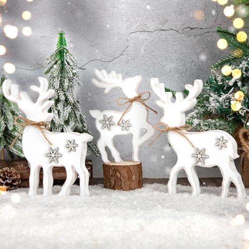 3Pcs Cute Christmas Tiered Tray Decor Indoor, Wooden Farmhouse Reindeer Christmas Tabletop Decorations Xmas Centerpiece, Rustic Reindeer Sign Standing Elk Decor for Home Shelf (White) - style: White