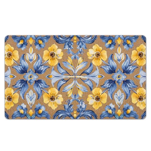 Sicilian Blue Yellow Floral Door Mat, Mediterranean Blue Flower Front Door Mat Outside Entrance, Chinoiserie Artificial Coir Doormat Rugs for Indoor Entryway Porch Patio Entry, 17x30 Inch - color: Yellow Floral
