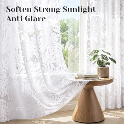 HOMEIDEAS White Semi Sheer Curtains Tropical Monstera Palm, 52 X 96 Inch - color: White - Monstera Palm Leaf, size: 52"W x 96"L (Pack of 2)