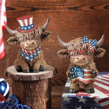 Karenhi 2 Pcs 4th of July Highland Cow Figurines Resin Tabletop Decor - style: 4th of July