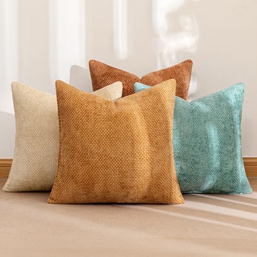 MIULEE Soft Decorative Chenille Fall Pillow Covers Beige Orange Teal 18x18 - color: Orange/Teal, size: 18" x 18" (Pack of 4)