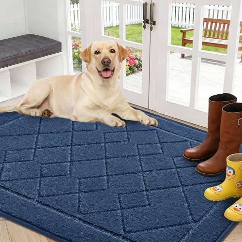 REFETONE Front Door Mat, Low-Profile Indoor Doormat 32" x 40", Blue | Dirt Resistant, non-slip TPR backing, absorbent dirt trapper, washable low-profile design for muddy shoes and pet paws - color: Blue, size: 2'8" x 3'4" (Rectangular)