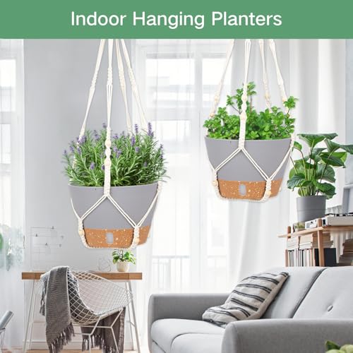QCQHDU 2 Pack Hanging Planters for Indoor Outdoor Plants, 10 Inch Hanging Baskets Flower Pots with Reservoir Tray & Visible Water-Level (Macrame Hanger) - color: Light Grey, size: 10 inch with Macrame Hanger
