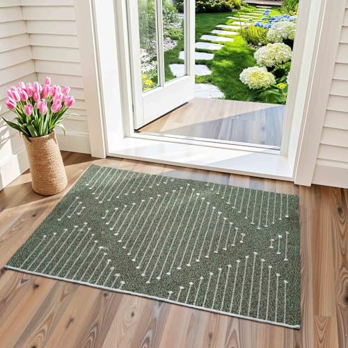 LIVEBOX Green Front Door Mat, Washable Kitchen Rug Cotton Woven Doormat,Small Area Rug for Entryway,Porch (Dark Green & White, 2.3X 3.6) - color: Dark Green & White, size: 2'3'' x 3'6'' (Rectangular)