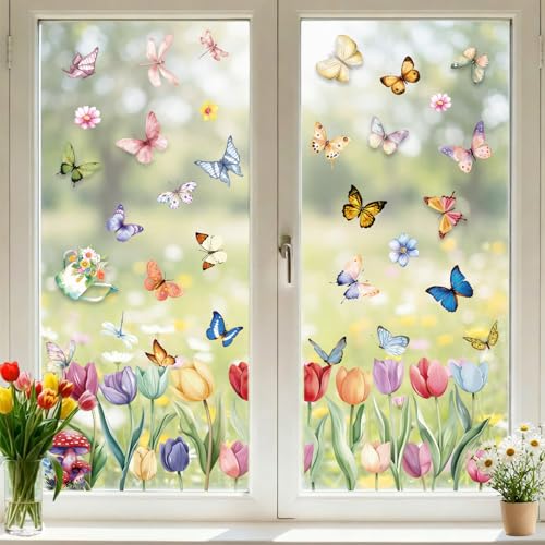 9 Sheets Spring Window Clings Decor, Tulip Floral Butterfly Window Stickers - color: Spring