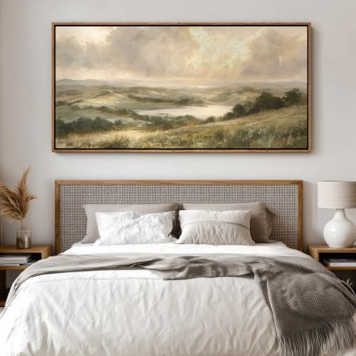 wall26 Extra Large Framed Wall Art Canvas Print - Muted Vintage Rolling Hills Valley Landscape - Contemporary Artwork for Living Room Bedroom Office - 60"x30" Natural - color: A07-2607-YUK18, size: 60"L x 30"W, style: Natural Frame