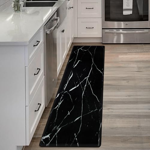Mrcrypos Long Anti-Fatigue Kitchen Rugs Black Marble Soft Waterproof Kitchen Mat for Floor PVC Leather Non Slip Entryway Kitchen Rug Runner Mat Farmhouse Carpet for Bathroom 23" W x 70" L - size: 70"L x 23"W x 0.4"Th