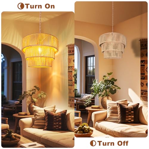 Maliralt Rattan Pendant Light Hanging Lamps - 16.4ft Plug in Cord Hanging Light Fixture Plug Into Wall Outlet Pendant Lighting with On Off Switch for Bedroom Living (3-Tier Rattan Lamp Shade) - size: 12.5 Inch-3-tier Ratan lampshade