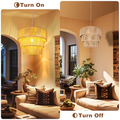 Maliralt Rattan Pendant Light Hanging Lamps - 16.4ft Plug in Cord Hanging Light Fixture Plug Into Wall Outlet Pendant Lighting with On Off Switch for Bedroom Living (3-Tier Rattan Lamp Shade) - size: 12.5 Inch-3-tier Ratan lampshade