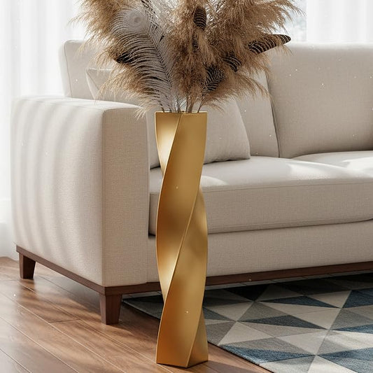 Glossy Gold Square Twisted Tall Floor Vase 27.5 Inch, Modern Resin Decorative Vase for Dried Flowers Pampas Grass Branches, Heavy Base Solid Color Floor Vase for Living Room Entryway - color: Gold, size: 27.5 in