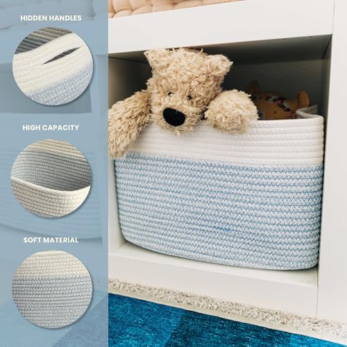 OrganiHaus Cotton Rope Baskets for Shelves, Set of 3, 15x9x10 - color: Blue / Off-White