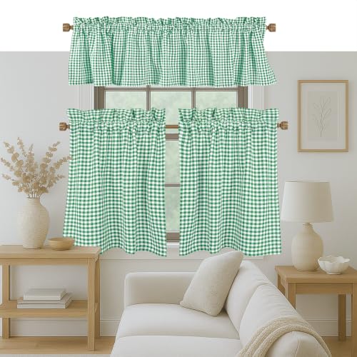 Native Fab Gingham Buffalo Check 3 Piece Window Curtain Tiers 26"x36" and Valance 54"x18" Set - Rod Pocket - Semi Sheer - Short Curtain for Kitchen, Cafe, Living Room - Lemon Green White - color: Lemon Green
