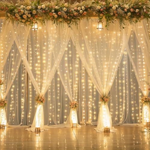 Sheer Curtains with Lights String Champagne Tulle Curtain for Living Room Bedroom Parites Wedding Birthday Decorations 2 Panels 5ftｘ10ft - color: Champagne, size: 60"W x 120"L (Pack of 2)