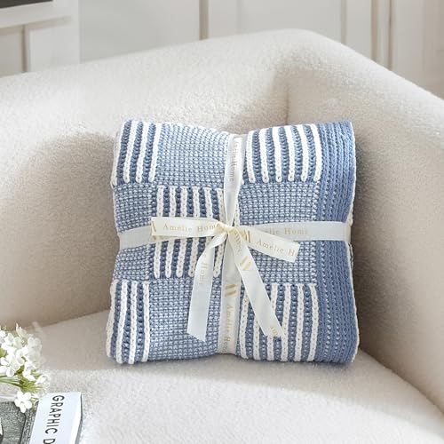 Amélie Home Checkered Knit Throw Blanket for Bed, Washed Blue 60"x80" - color: Checkered Blue, size: 60" X 80"