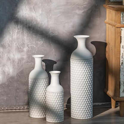 Sziqiqi White Tall Floor Vase, Metal Vases with Honeycomb Texture, 3Pcs - color: White