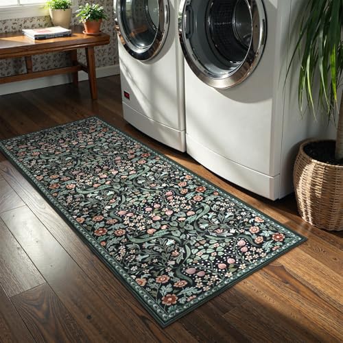 Lahome Dark Floral 2x6 Runner Rug, Washable Botanical Kitchen Runner Rug - color: Black, size: 2' x 6'