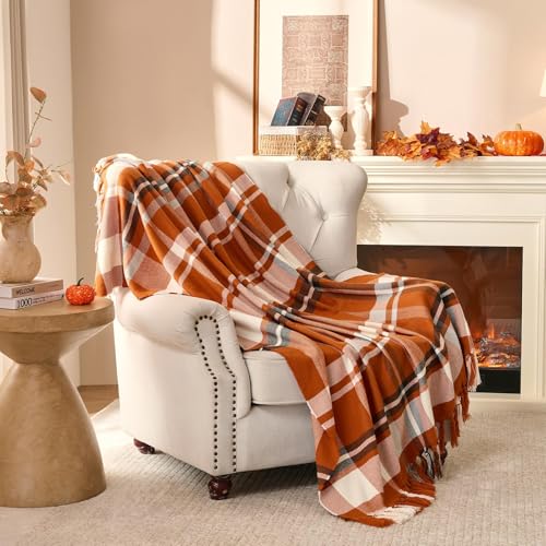 Lanpn Rust Plaid Throw Blanket, Cozy Soft Fall Fringe Blankets for Couch Sofa Bed, Lightweight Orange Checkered Throws Acrylic Cashmere Like Shawl, Autumn Farmhouse Thanksgiving Home Decor Gift, 50x60 - color: Plaid Orange