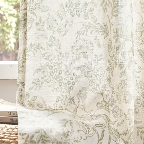 Lazzzy Green Floral Linen Curtains Farmhouse Rod Pocket 50W X 84L 2 Panels - color: Green on Beige, size: 50"W x 84"L (Pack of 2)